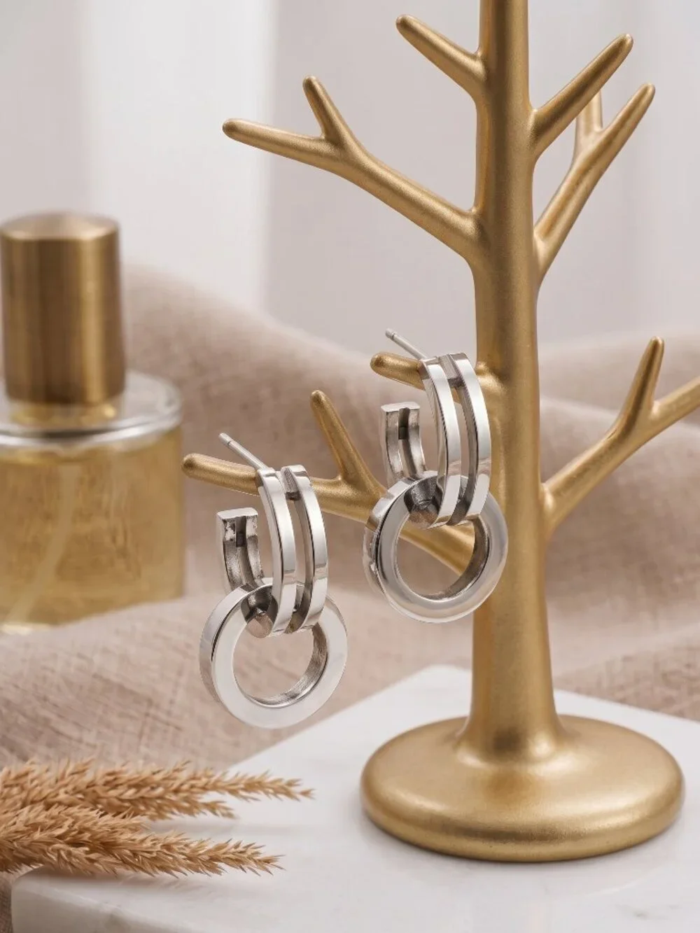 18K White Gold Plated Stainless Steel Old Money Double Hoop Huggie Earrings 1in
